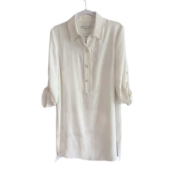 Trina Turk Womens White Built In Tank Top Roll Tab Button-Up Tunic Top Large - Picture 16 of 16